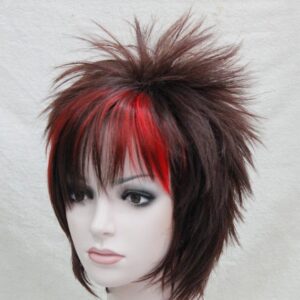 PRUIK Kort, extravagant, cosplay Emo zwart met rood speciaal (E746 33H12/135)